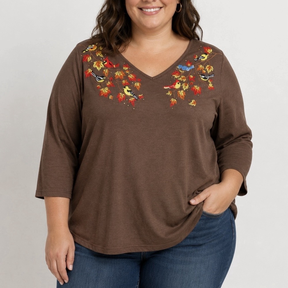 Quacker Factory Autumn Leaves Embroidery Birds Rhinestone Knit Top Size 1X